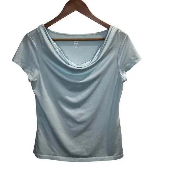 Title Nine Shirt Womens Medium Light Blue Breeze Cowl Neck Short Sleeve Stretch - Picture 1 of 8
